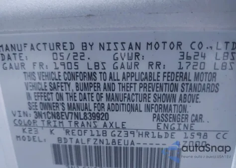 2022 Nissan Versa 1.6 Sv Xtronic Cvt z USA, uszkodzony, nr VIN 3N1CN8EV7NL839920